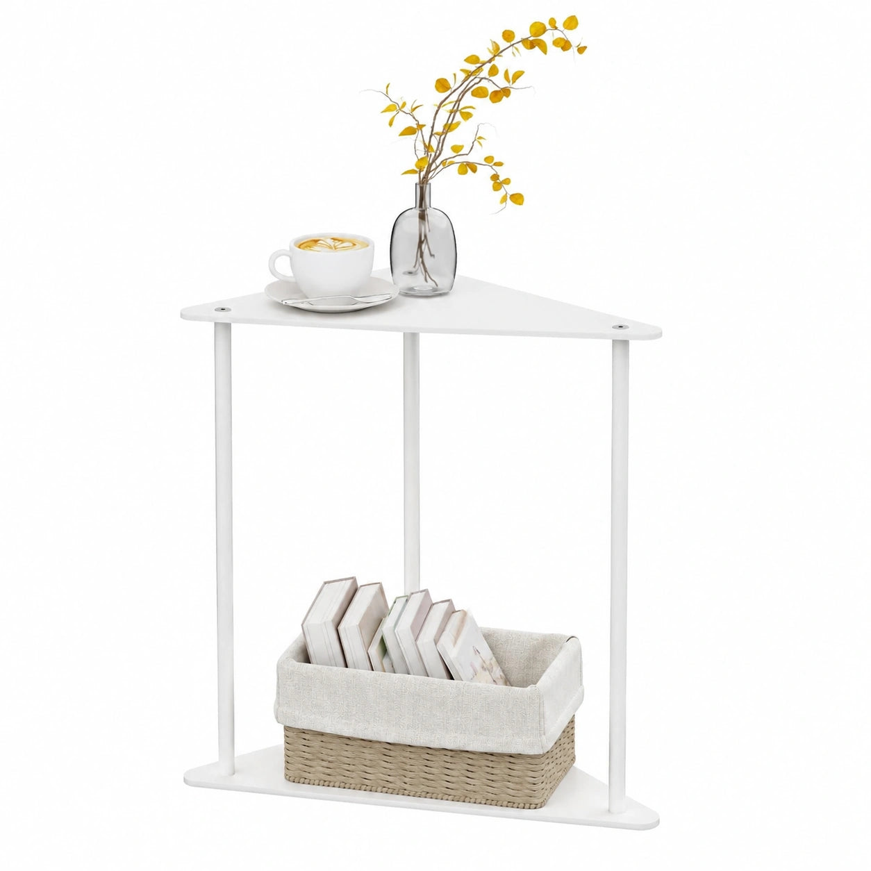 Mesa Auxiliar Triangular de Metal, 2 Niveles para Salón y Dormitorio, Blanca, 48 cm de Alto