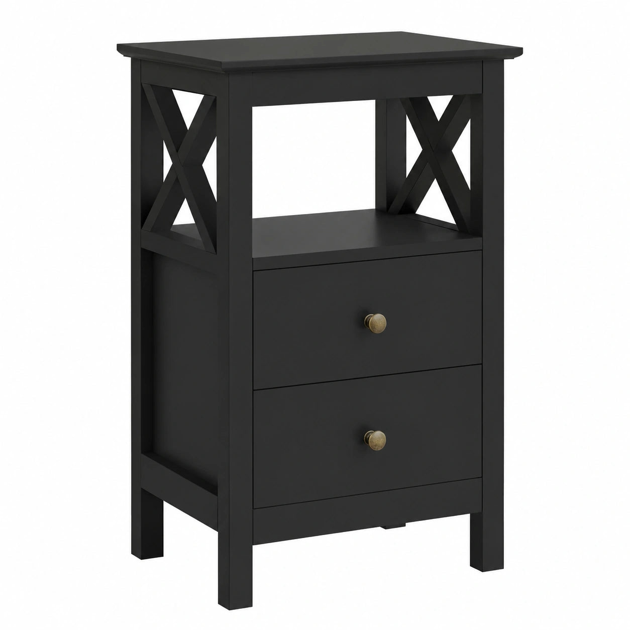 Mesa de Noche Moderna con 2 Cajones de MDF Negro para Dormitorio
