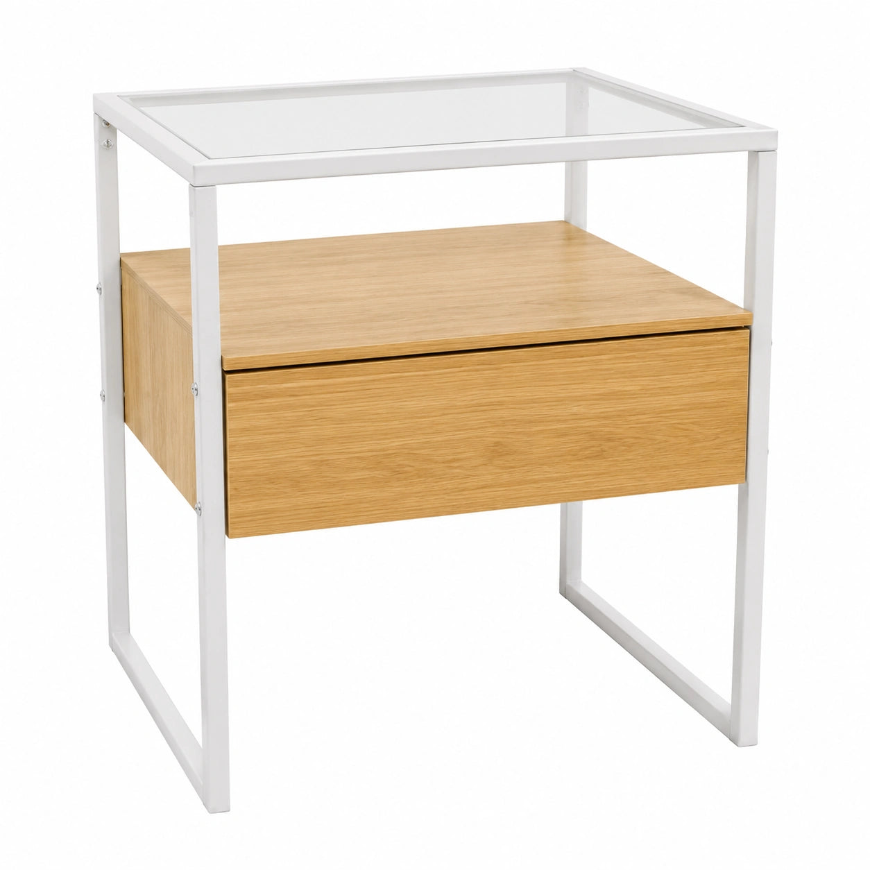 Mesita de Noche Moderna Blanca con Cajón y Vidrio Templado
