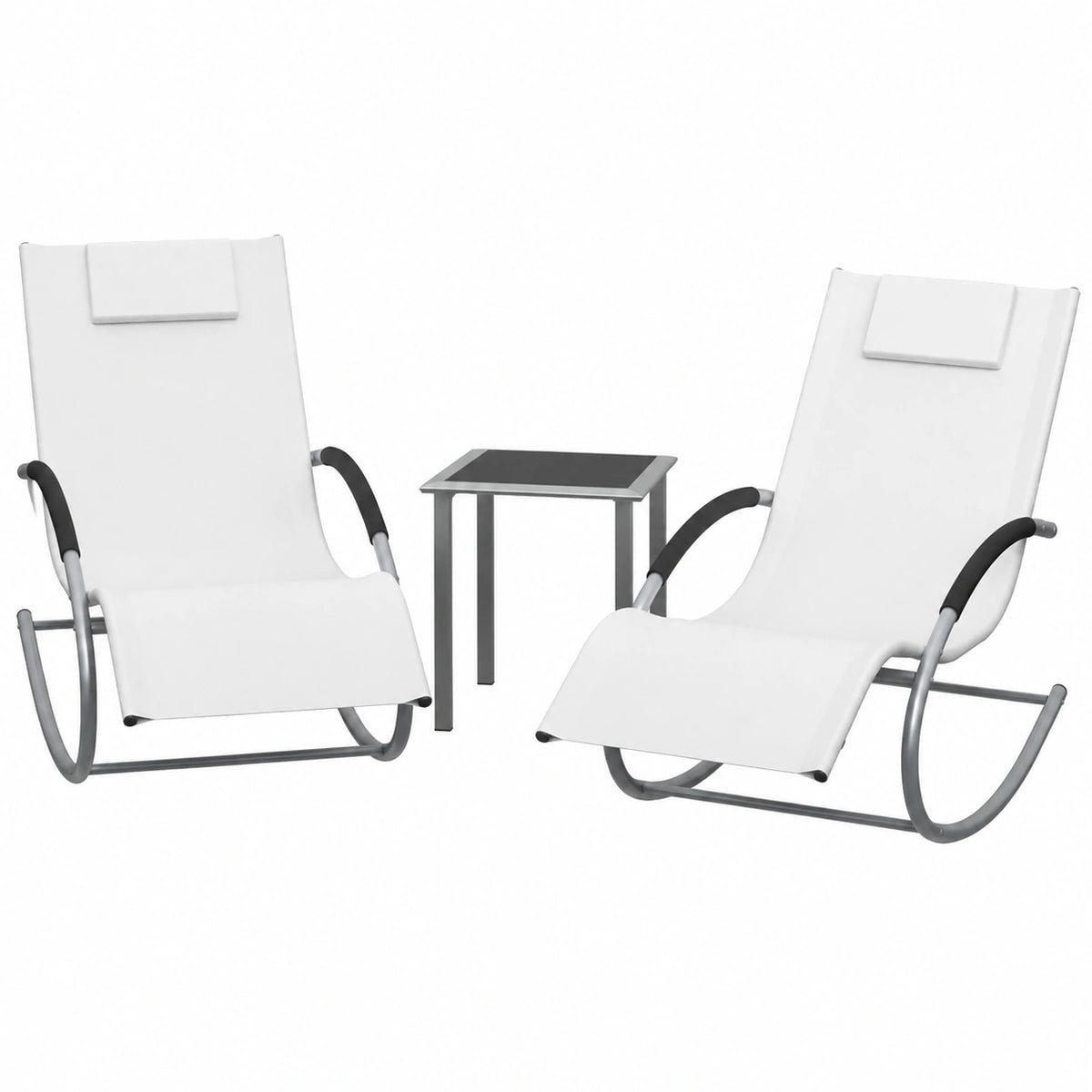 Set de 2 Tumbonas de Jardín con Mesa Auxiliar, Muebles de Exterior de Hierro Reclinables con Cojines, Hamacas para Terraza y Piscina, 190x58x30 cm Blanco