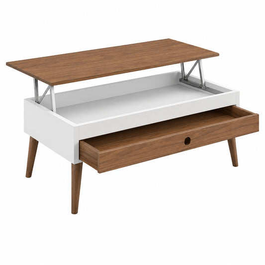 Mesa de Centro Elevable de Madera Maciza con Cajón, Blanco y Encerado - 100x50x47 cm