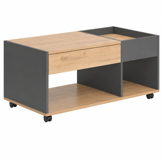 Mesa de Centro Vicco Maik de Roble y Antracita con Cajón y Ruedas, 110 x 60 cm