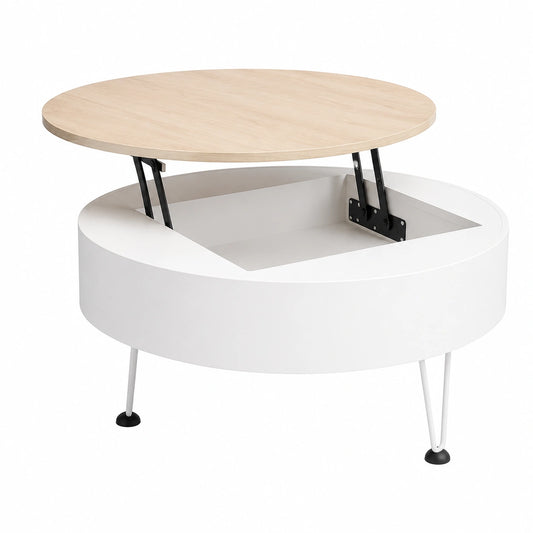 Mesa de Centro Redonda Blanca 75cm, Almacenamiento Oculto, Estilo Nórdico para Salón