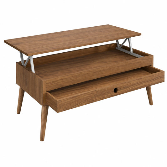 Mesa de Centro Elevable con Cajón, Diseño Vintage en Madera Maciza