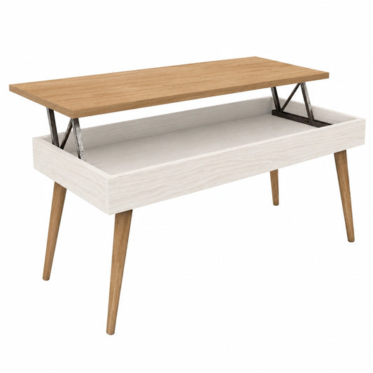 Mesa de Centro Elevable de Madera Maciza en Blanco y Encerado 100x50x47 cm