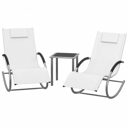 Set de 2 Tumbonas de Jardín con Mesa Auxiliar, Muebles de Exterior de Hierro Reclinables con Cojines, Hamacas para Terraza y Piscina, 190x58x30 cm Blanco