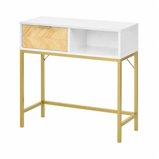 Mesa de Entrada Moderna con Cajón y Estante de HOMCOM, 80x30x80,5 cm, Blanco y Dorado