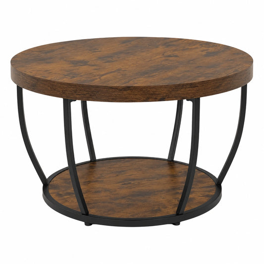 Mesa de Centro Redonda Industrial, 2 Niveles, Metal y Madera, 80 cm, Marrón