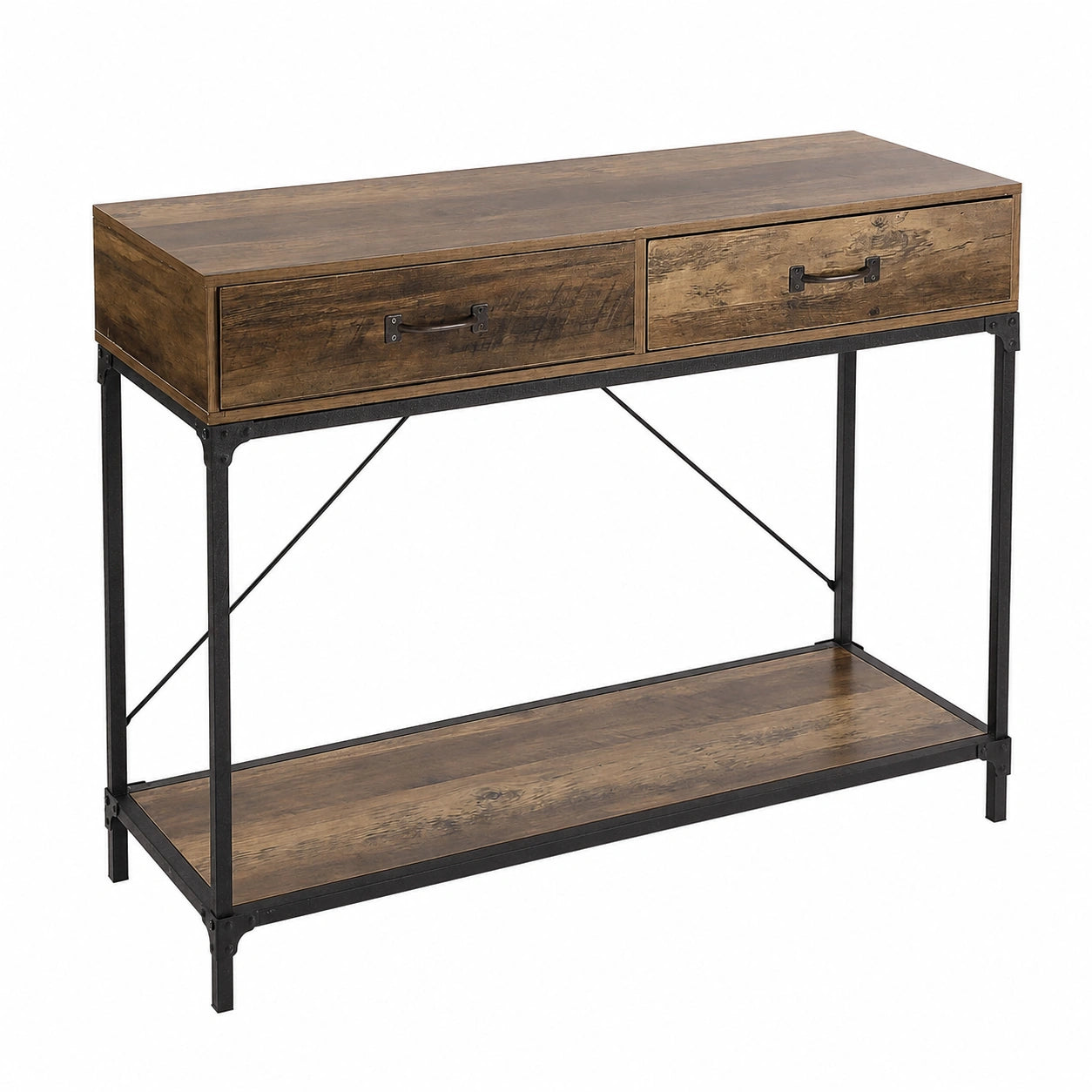 Mesa Consola Bremen Estrecha para Entrada con Cajones, 76x100x35 cm, Metal y Madera, Marrón