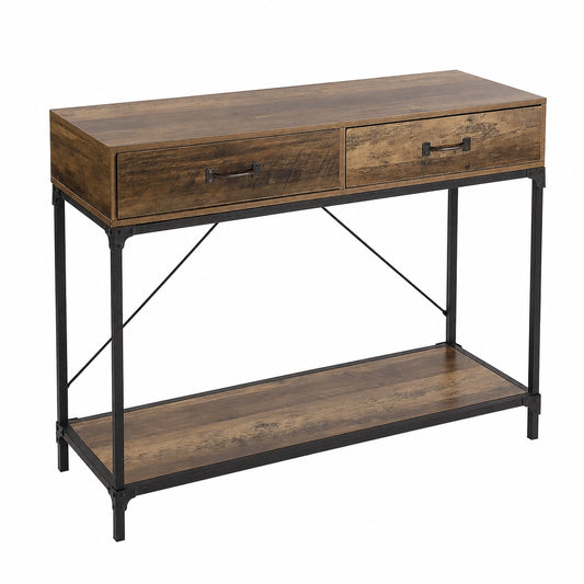 Mesa Consola Bremen Estrecha para Entrada con Cajones, 76x100x35 cm, Metal y Madera, Marrón